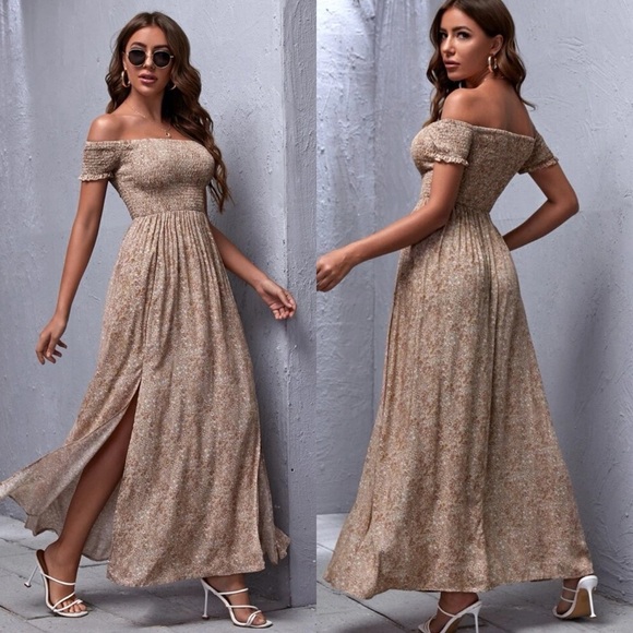 Boho floral print off the shoulder shirred double slit maxi dress burgundy red - Picture 3 of 3